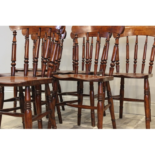 778 - A set of six stained beech country kitchen spindle back chairs, solid seats and rail back, 90cm high... 