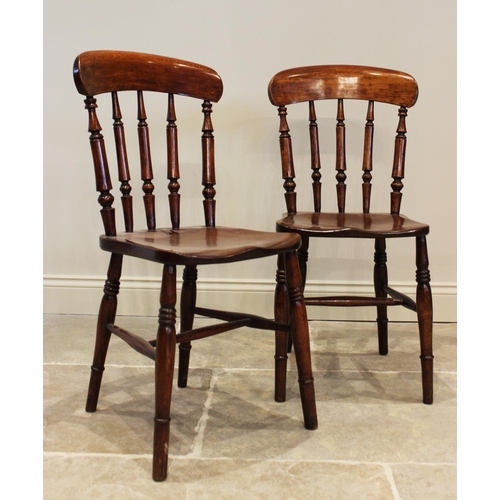 778 - A set of six stained beech country kitchen spindle back chairs, solid seats and rail back, 90cm high... 