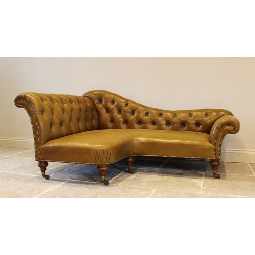 790 - A Victorian olive green leather Chesterfield corner settee, of 'L' shape, the shaped back rest uniti... 