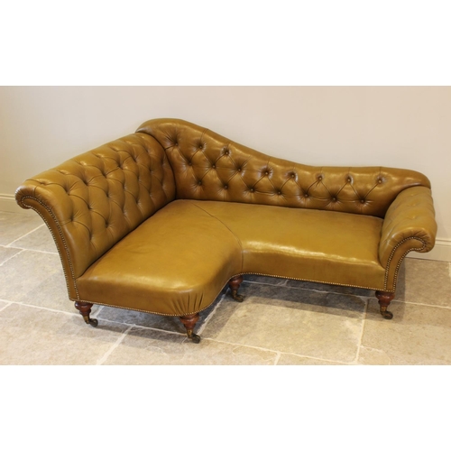 790 - A Victorian olive green leather Chesterfield corner settee, of 'L' shape, the shaped back rest uniti... 