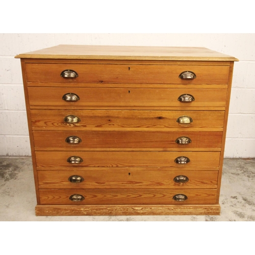 800 - A mid 20th century pine plan chest, comprising eight long drawers on inverted plinth base, 113cm H x... 