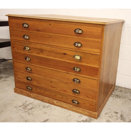 800 - A mid 20th century pine plan chest, comprising eight long drawers on inverted plinth base, 113cm H x... 