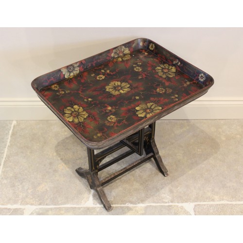 780 - A late Victorian papier mache tray top folding table, the galleried tray applied with floral decorat... 