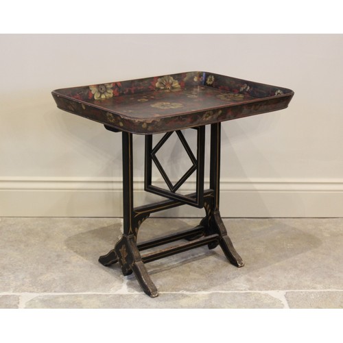 780 - A late Victorian papier mache tray top folding table, the galleried tray applied with floral decorat... 