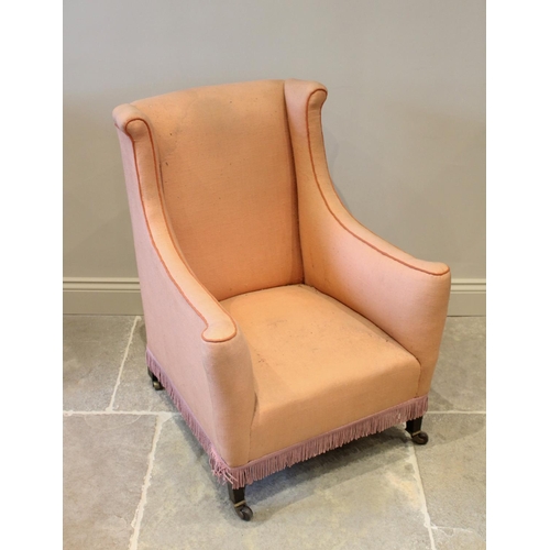 804 - An Edwardian tub chair, raised on legs of tapering square section, coral coloured upholstery, 92cm h... 