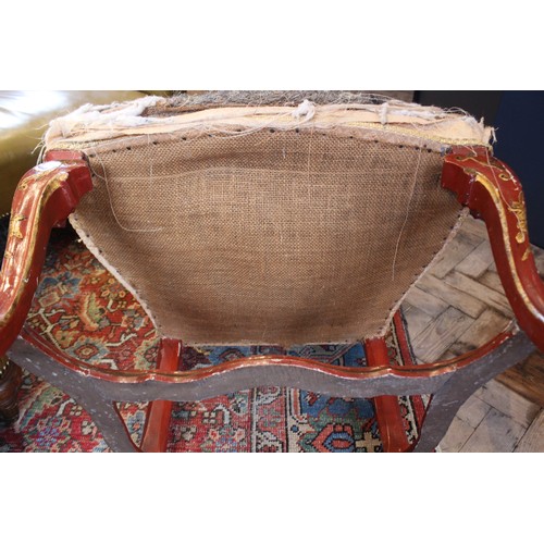 739 - An 18th century, Chinoiserie influence, scarlet Japanned elbow-chair, in the manner of Giles Grendey... 