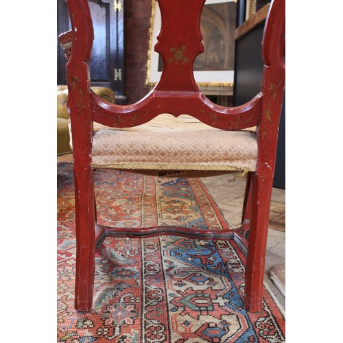 739 - An 18th century, Chinoiserie influence, scarlet Japanned elbow-chair, in the manner of Giles Grendey... 