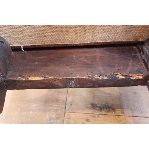 678 - A pair of George I walnut side chairs, each with a vase shaped splat over a drop in upholstered seat... 