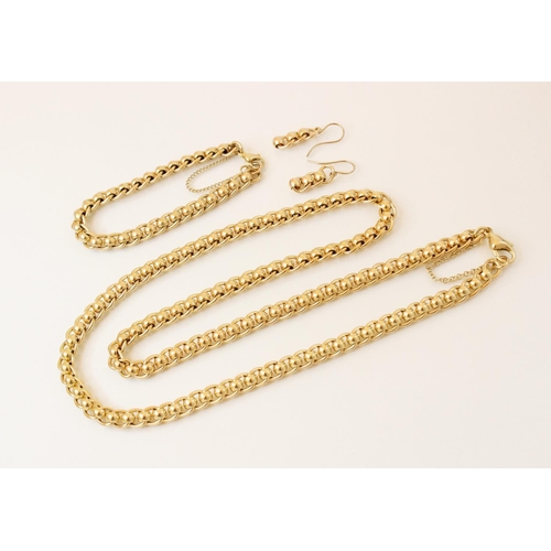 101 - A 9ct gold belcher link necklace, bracelet and earring suite, the necklace and bracelet with lobster... 