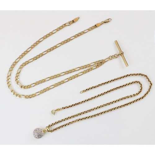 117 - A 9ct gold figaro link chain, with lobster claw and loop fastening, 51cm long, suspending a yellow m... 