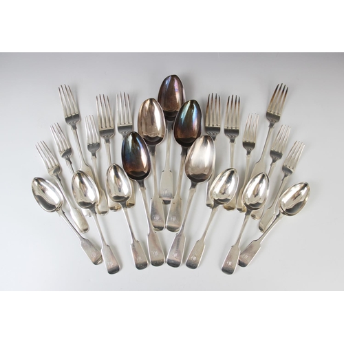 12 - A 19th century canteen of silver cutlery, comprising six dessert spoons and five tablespoons by John... 