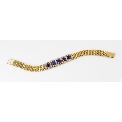 129 - A sapphire and diamond bracelet, comprising five untested oval mixed cut sapphires, (measuring betwe... 