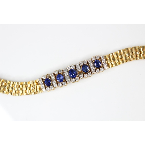 129 - A sapphire and diamond bracelet, comprising five untested oval mixed cut sapphires, (measuring betwe... 