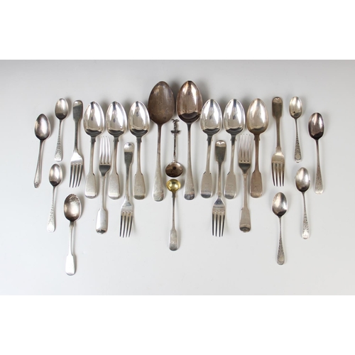 13 - A selection of George III and later silver cutlery, to include six silver fiddle pattern dessert spo... 