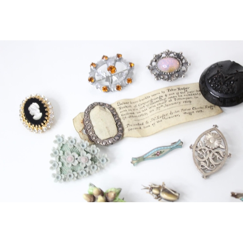 137 - A selection of antique and vintage brooches to include a Victorian/Edwardian Egyptian Revival scarab... 