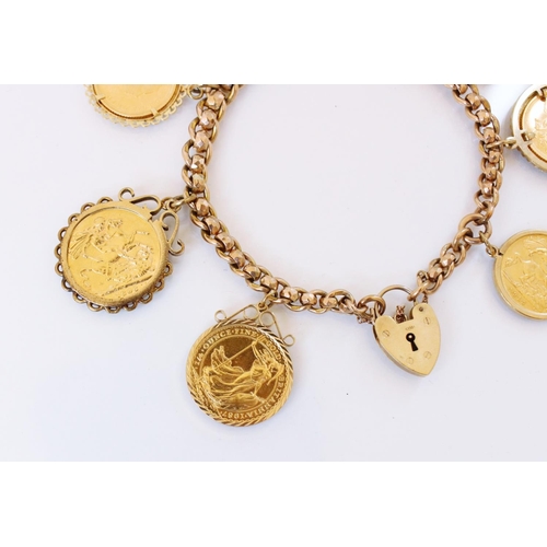 156 - A 9ct gold curb link charm bracelet with a heart-shaped padlock fastener, 20cm long, suspending an a... 