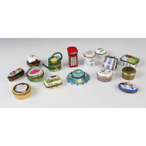 190 - A collection of novelty pill boxes, 20th century, to include Staffordshire, Bilston and Battersea en... 