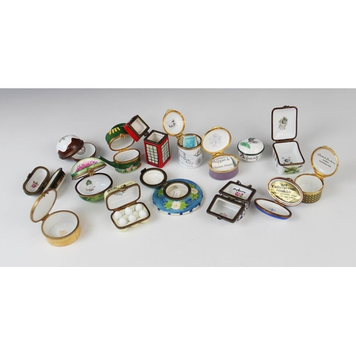 190 - A collection of novelty pill boxes, 20th century, to include Staffordshire, Bilston and Battersea en... 