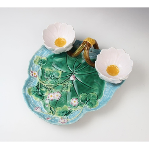 217 - A George Jones majolica strawberry dish, late 19th century, modelled as a lily pad on ozier ground w... 