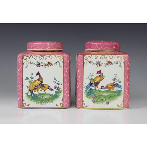 251 - A pair of English porcelain tea caddies and covers, 20th century, each of square form, printed and o... 