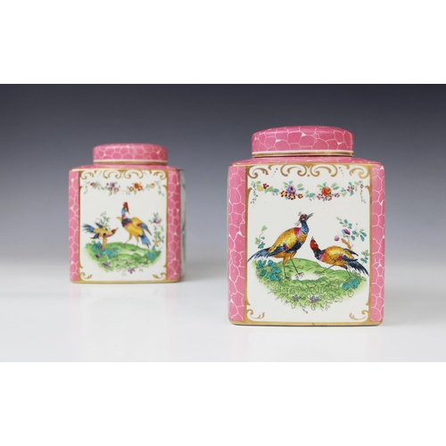 251 - A pair of English porcelain tea caddies and covers, 20th century, each of square form, printed and o... 