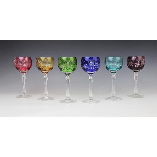 262 - A set of six hock glasses, 20th century, each flashed with different coloured glass and cut with vin... 