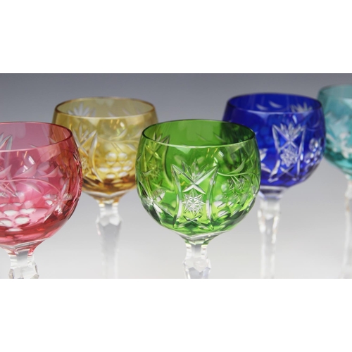 262 - A set of six hock glasses, 20th century, each flashed with different coloured glass and cut with vin... 