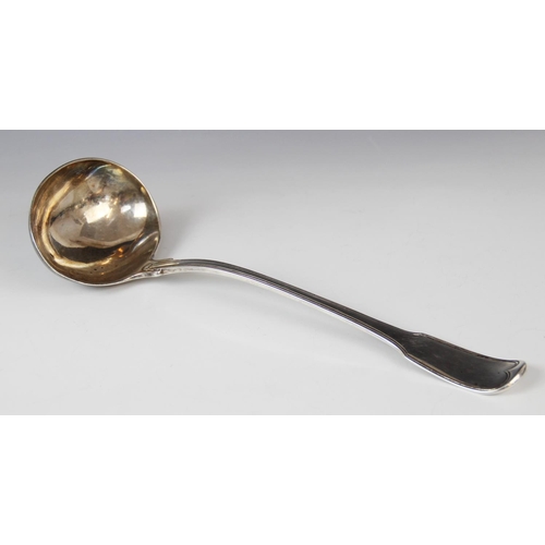 3 - A George III fiddle and thread pattern silver ladle by George Smith, London 1806, engraved crest to ... 