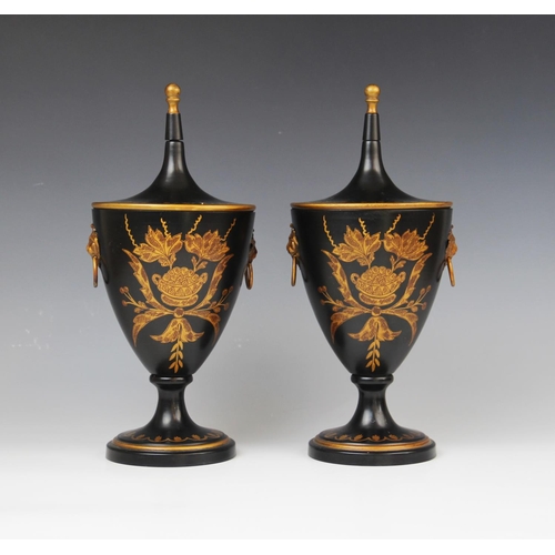 331 - A pair of Regency style Toleware chestnut urns and covers, of goblet form on knopped stem to spreadi... 