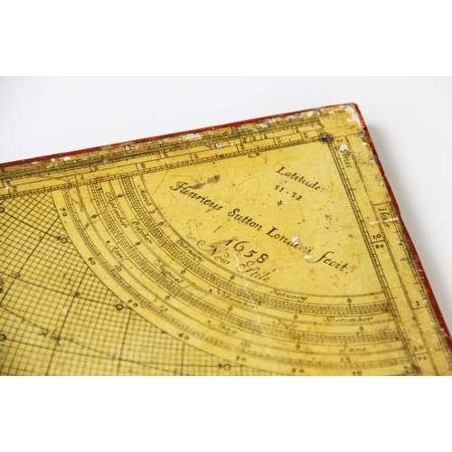 333 - A rare Horary quadrant by 'Henricus Sutton Londini Fecit 1658 New Stile', paper laid onto wood depic... 