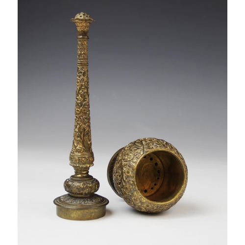 341 - An Indian brass incense burner or censer, probably early or mid 20th century, of globe and tapering ... 