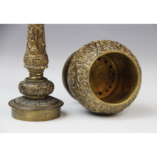 341 - An Indian brass incense burner or censer, probably early or mid 20th century, of globe and tapering ... 