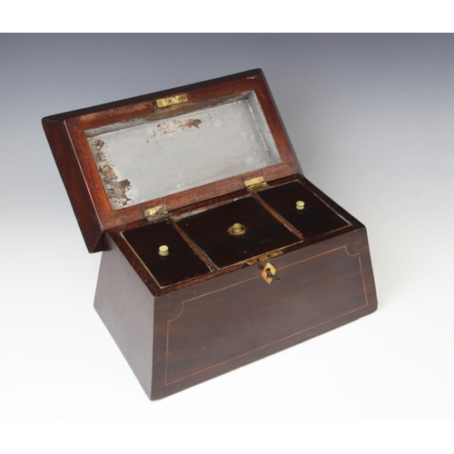 368 - A George III mahogany tea caddy, of sarcophagus form, the pagoda shaped hinged cover centred with an... 