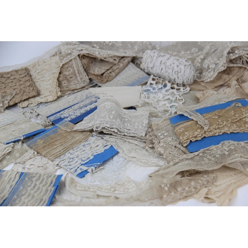 406 - A collection of 19th century and later lace samples, to include Ayrshire work, crochet, Maltese lace... 