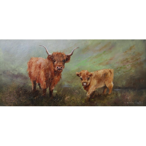 520 - Gordon Ashley Hunter (Contemporary British, b1936), 
A highland cow and calf in a landscape, and a p... 