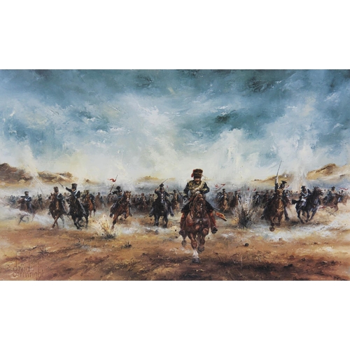 521 - John Bampfield (Contemporary British, b1948), 
A 19th century Infantry advance, 
Oil on canvas, 
Sig... 