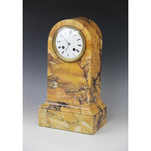 590 - A late 19th century crema Valencia marble mantel clock, the domed case housing the 11cm white enamel... 