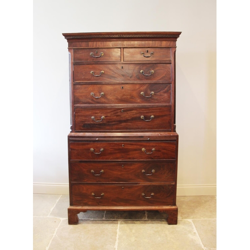 638 - A George III mahogany chest on chest, the moulded cornice with a Greek key pattern frieze over two s... 