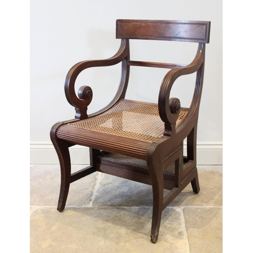 639 - A Regency mahogany metamorphic chair/library steps, the chair with a concave top rail over reeded do... 