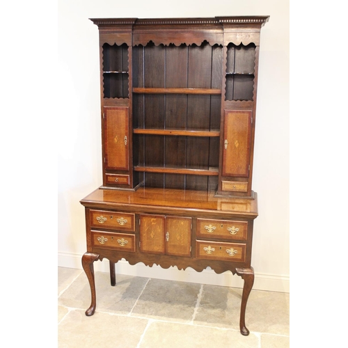 643 - A George III style oak and mahogany cross banded Shropshire type dresser, mid 20th century, the inve... 