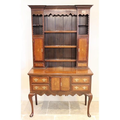 643 - A George III style oak and mahogany cross banded Shropshire type dresser, mid 20th century, the inve... 