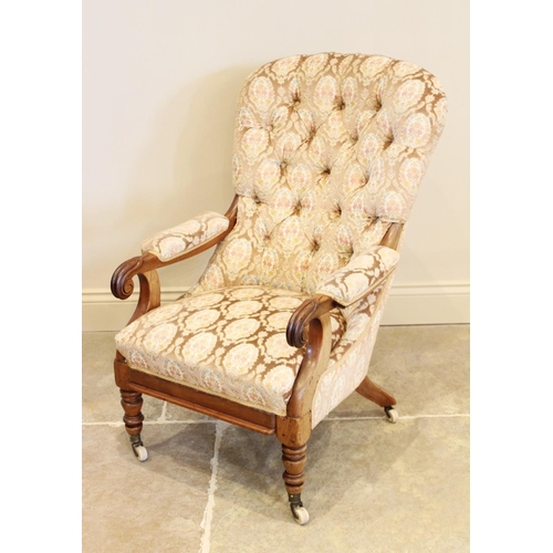 681 - A Victorian upholstered mahogany drawing room chair, the arched button back extending to padded maho... 