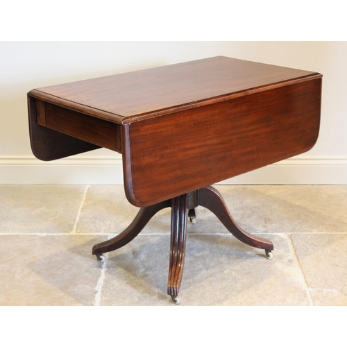 684 - A mid 19th century mahogany pedestal Pembroke table, the rectangular thumb moulded drop leaf top abo... 