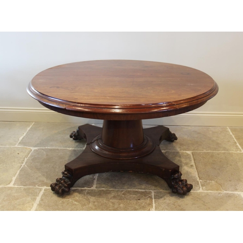 687 - A William IV extending mahogany pedestal table, the circular moulded top raised upon a cylindrical t... 