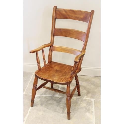 696 - A Victorian stained elm and beech wood ladder back farmhouse Windsor chair, the three rung back abov... 