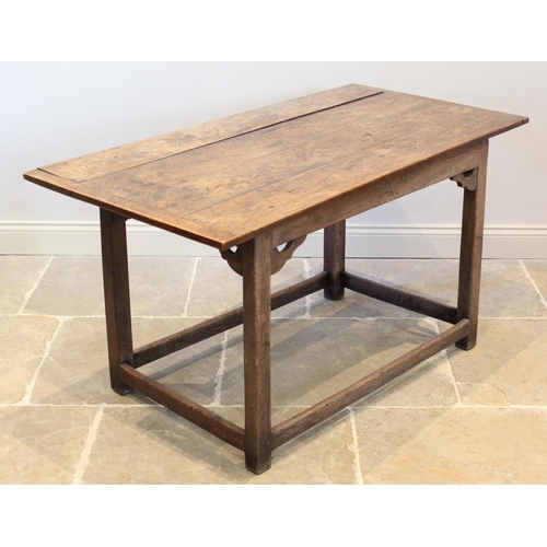 701 - A 19th century and later elm kitchen table, the cleated plank top raised upon legs of square section... 