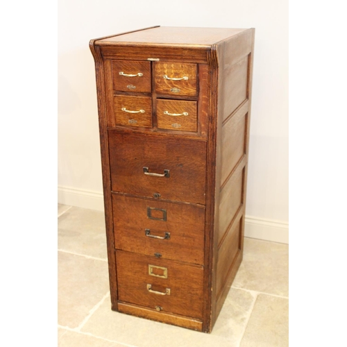 723 - An early 20th century 'Shannon' oak filing cabinet, circa 1930, applied with the makers name above f... 