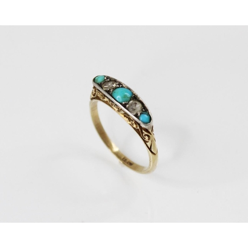 90 - An early 20th century turquoise and diamond five stone ring, comprising three round turquoise caboch... 