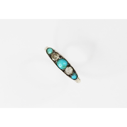 90 - An early 20th century turquoise and diamond five stone ring, comprising three round turquoise caboch... 