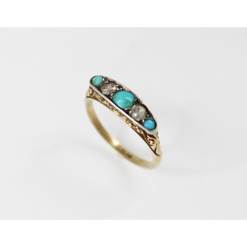 90 - An early 20th century turquoise and diamond five stone ring, comprising three round turquoise caboch... 